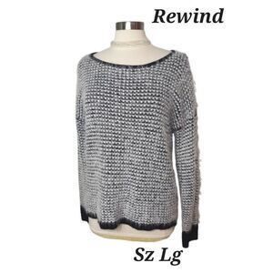Women's Large Black White Sweater Fuzzy Chunky Knit Long Sleeve Soft Pullover